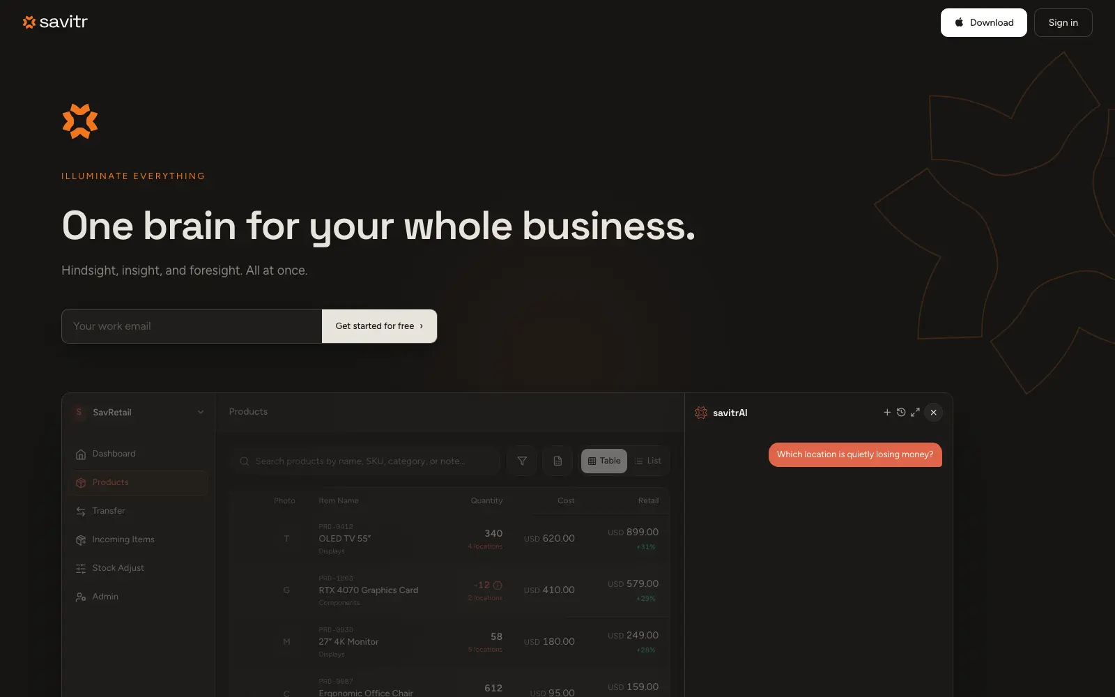 The Savitr website. Its headline reads: One brain for your whole business.